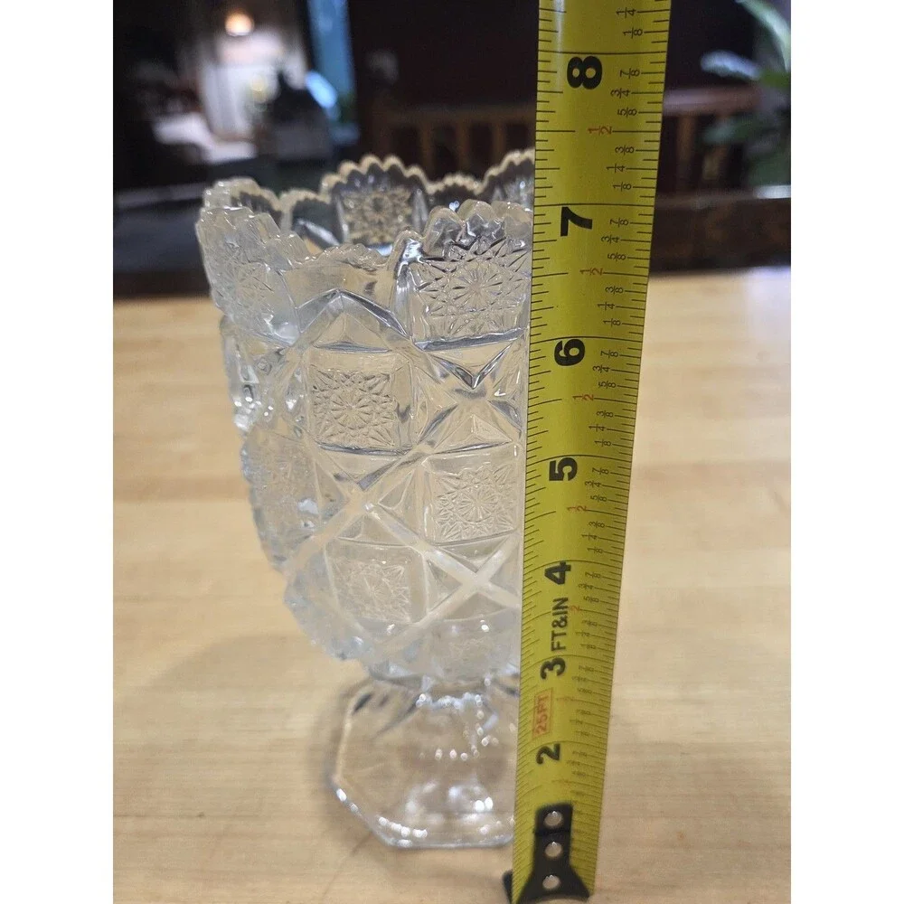 Vintage Imperial Glass Clear Daisy and Button Footed Vase 8 Inch